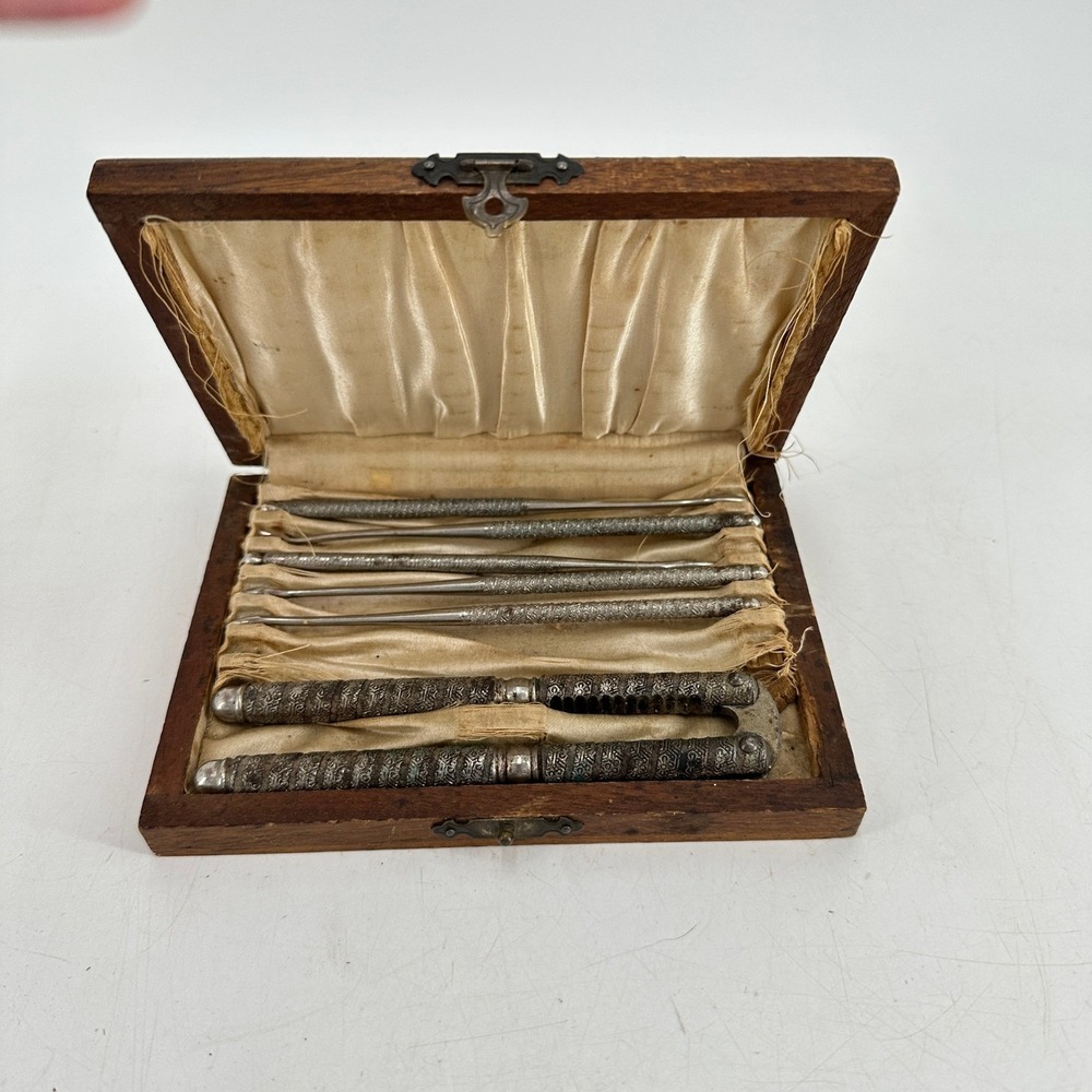 Antique Nutcracker and Pick Set in Vintage‎ Wooden Box Ornate Metal 6 Piece Set
